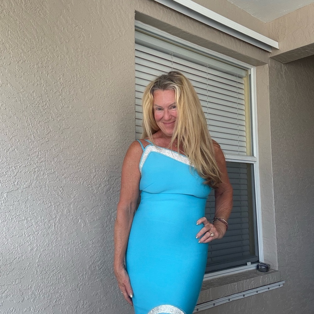 Elegant Asymmetrical Turquoise Dress with Silver Accents - Picture 10 of 10